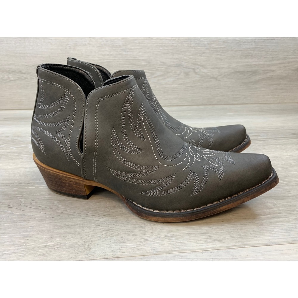 Roper Riley Grey Western Ankle Boots Snip Toe Embroidered 8.5 Comfort Booties